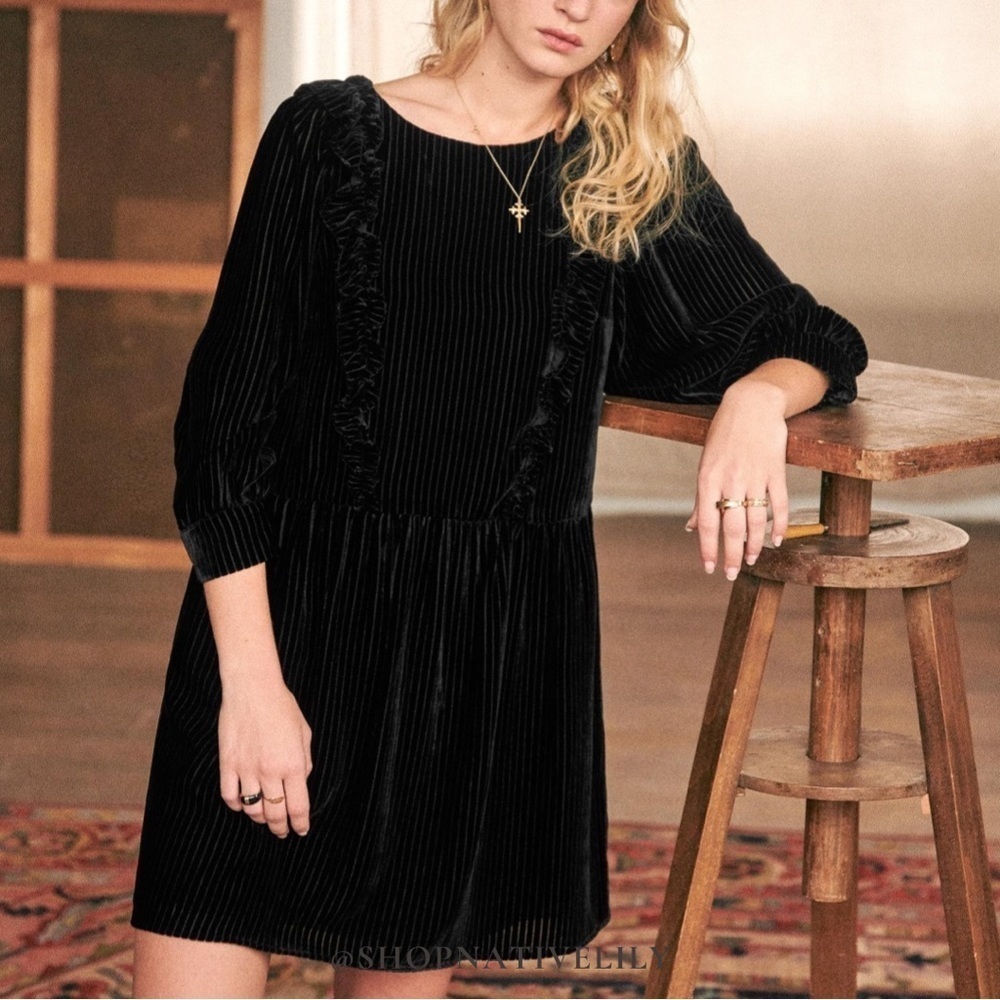 Sézane Marcelle Velvet Ribbed Silk Mini Dress Size EU 38 US 6 Black Elegant